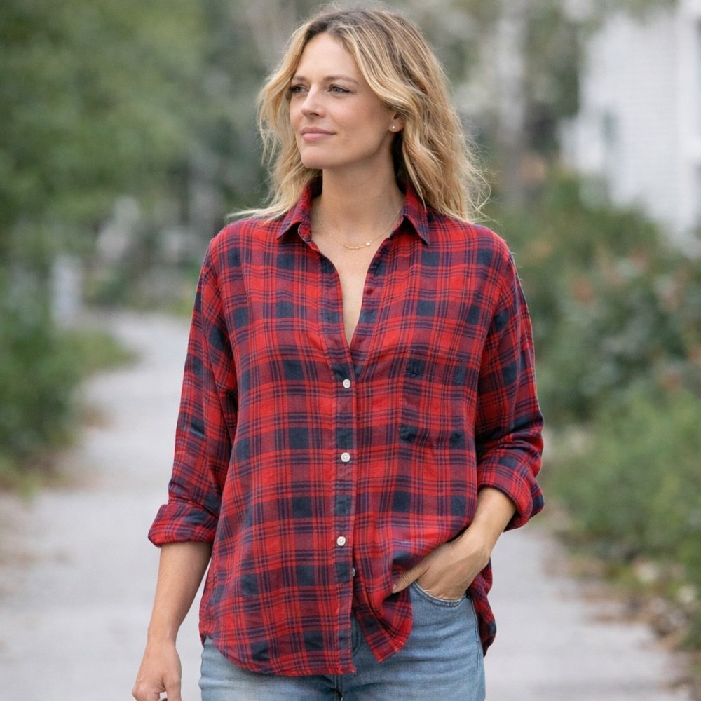 Frank & Eileen Grayson The Hero Plaid Button‎ Shirt XS  Red Navy Quiet Luxury